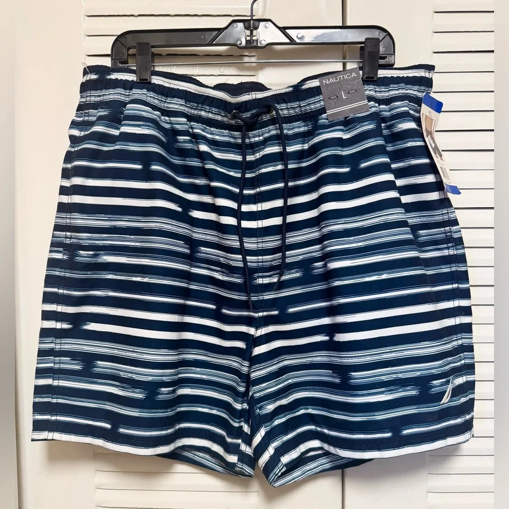 NWT NAUTICA Quick Dry Striped Swim Trunk Blue White Size Large Classic Swimwear